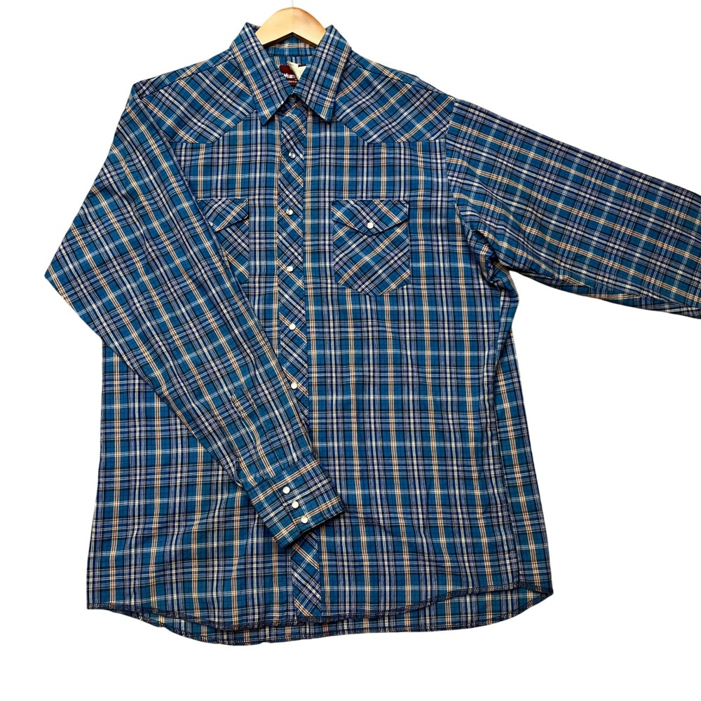Wrangler Western Shirt Mens XLT Blue Orange Plaid Pearl Snap Pocket Long Sleeve